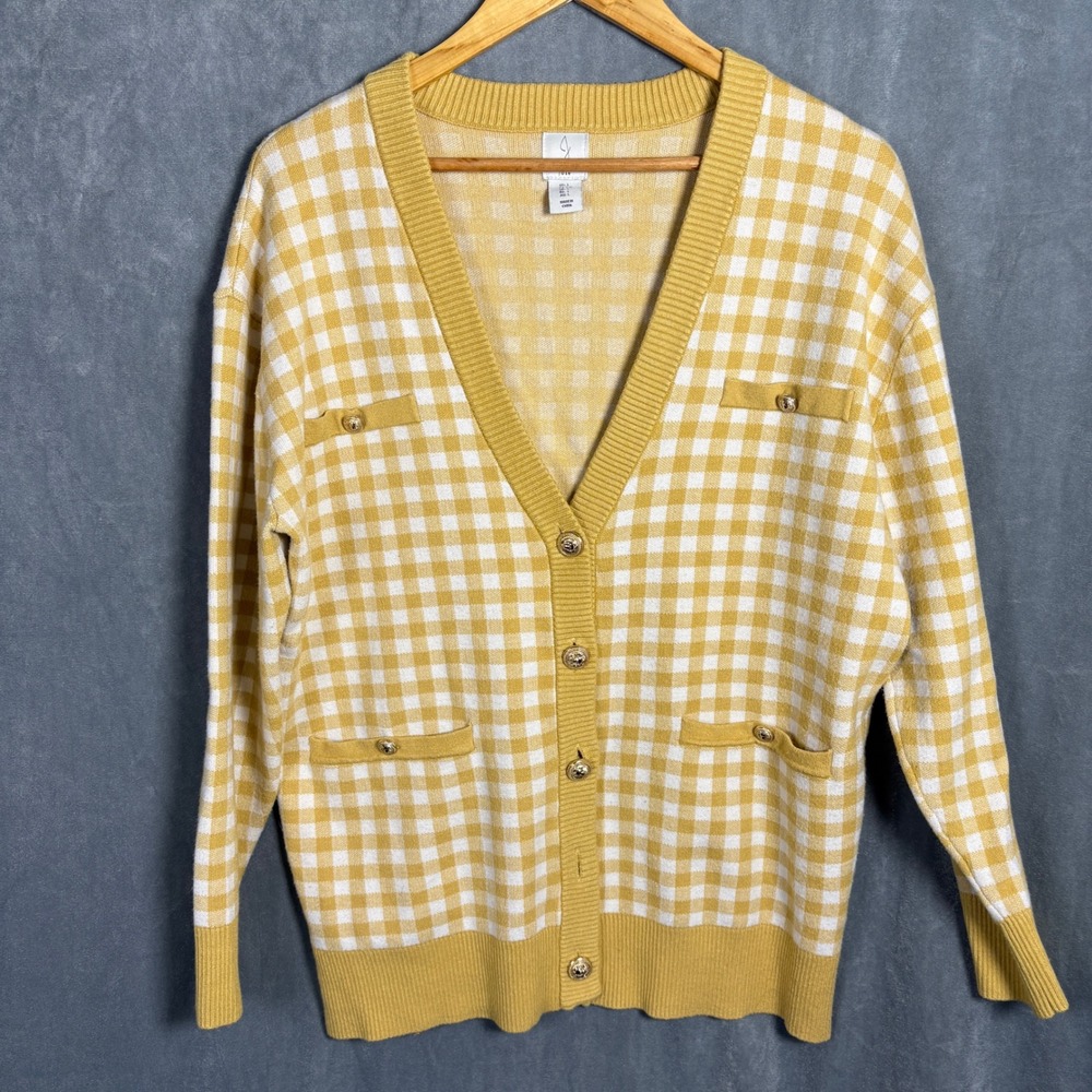 Joie Gingham Cardigan Sweater Mustard Yellow Gold Crest Button Womens Large
